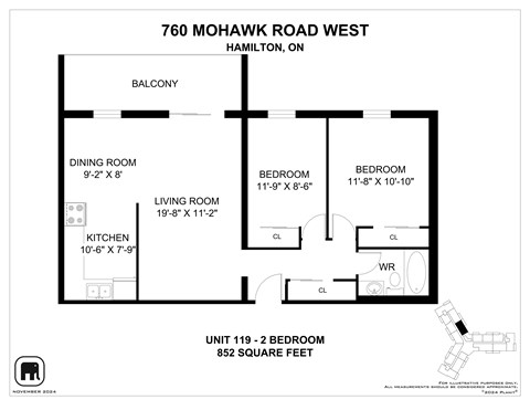 Floor plan for 2 beds, 1 bath, 862 sqft